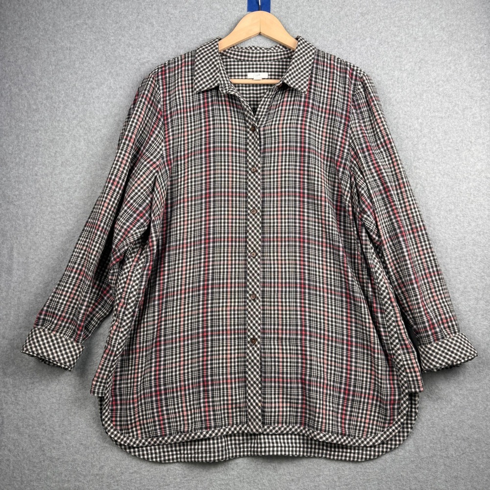 J. Jill Button Down Shirt Women XL Black White Red Plaid Cotton Long Sleeve